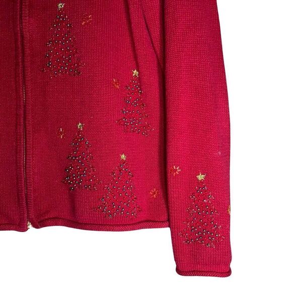 Vintage Croft & Barrow Red Cardigan Sweater with Beaded Christmas Trees - Size S - Picture 6 of 10
